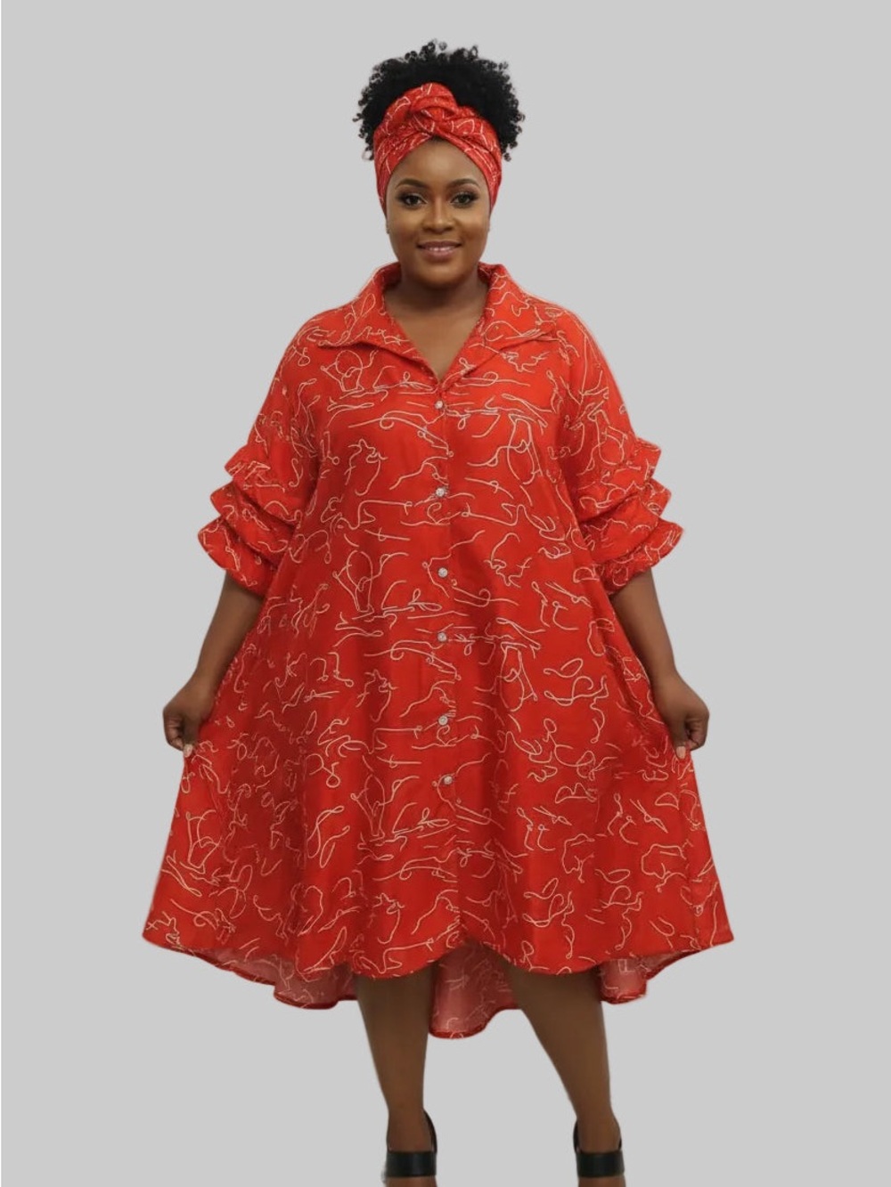 Swing Dress/ Faux Silk Red & White with Head Wrap
